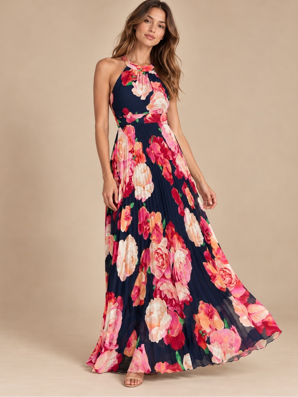 INC International Concepts Navy Floral Pleated Maxi Dress Size 12